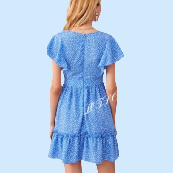 Blue Flutter Sleeve Frill Hemline Trim Dalmatian Dress - Picture 2 of 14